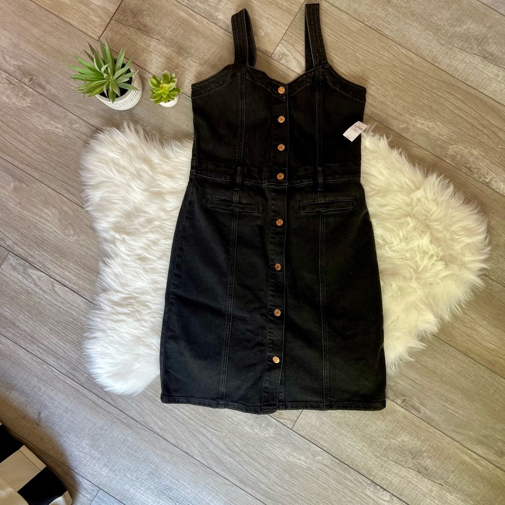 GAP | NWT Black Denim Fitted Adjustable Jumper Overalls Midi Dress (8 Tall)